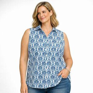 Talbots Womens Non Iron Shirt Button Sleeveless Blue Medallion Stretch Size 20W